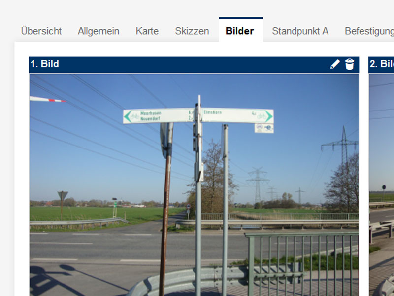 Standortfotos im digitalen Online-Schilderkataster werden so aufgenommen, dass der Schilderstandort und die Ausrichtung genau zu erkennen sind. Diese Funktion ist bei der Abstimmung der Standorte als auch bei der Geländearbeit sehr hilfreich.