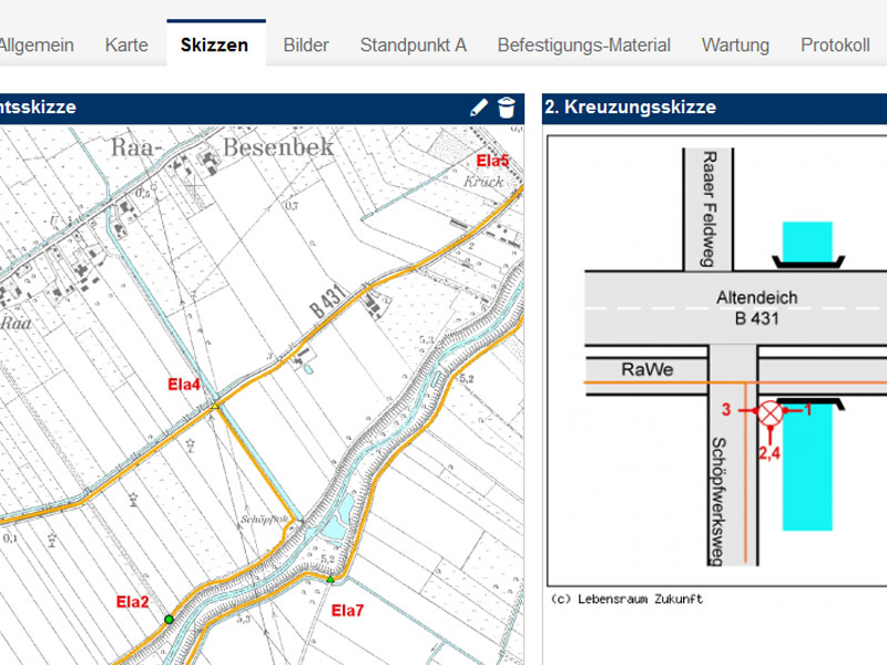 Eine detaillierte übersichtsskizze sowie Kreuzungsskizzen in einem kleinen Maßstab im digitalen Schilderkataster erleichtern die Orientierung und zeigt deutlich, wo der Standort liegt.